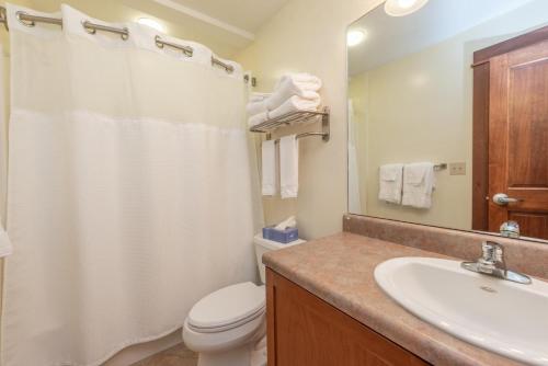 een badkamer met een wastafel, een toilet en een spiegel bij A305 Studio & Loft Lake View in Oakland