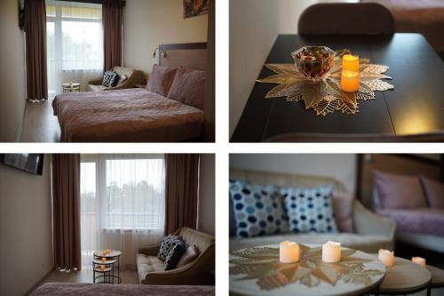 a collage of four pictures of a living room at Alanga apartament in Palanga
