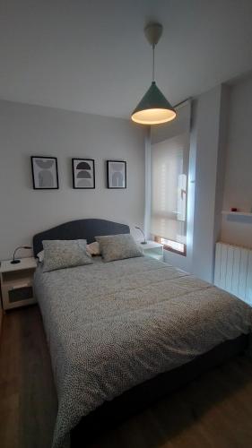 a bedroom with a large bed and a pendant light at Peñas de Arnedillo in Arnedillo