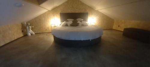 ein Schlafzimmer mit einem großen weißen Bett im Dachgeschoss in der Unterkunft L'Esthélio Gîtes ou L'Esthélio Spa avec Jacuzzi et Sauna in Ambérieu-en-Bugey