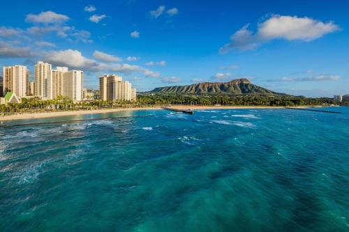 a view of a beach with buildings and the ocean at Waikiki Beach Marriott Resort & Spa in Honolulu