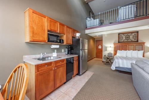 a kitchen with a sink and a living room with a bed at A304 Studio & Loft Standard View in Oakland