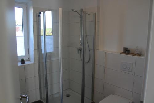 La salle de bains est pourvue d'une douche en verre et de toilettes. dans l'établissement LA 4g - Ferienreihenhaus, à Schottwarden