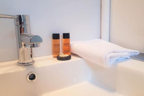 a bathroom sink with two bottles of soap and a towel at Little Suite - Amelie in Marcq-en-Baroeul