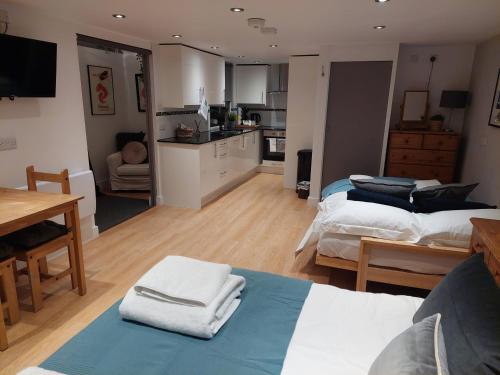 a living room with two beds and a kitchen at Private Garden Lodge in Christchurch, Dorset for 4 - dogs welcome! in Holdenhurst