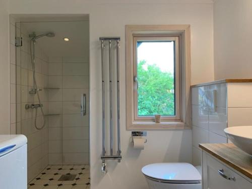 a bathroom with a shower and a toilet and a sink at Ferienhaus an der Schwedischen Westküste in Bleket