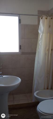 uma casa de banho com um lavatório, um WC e um chuveiro em Maestros Apart em Villa María