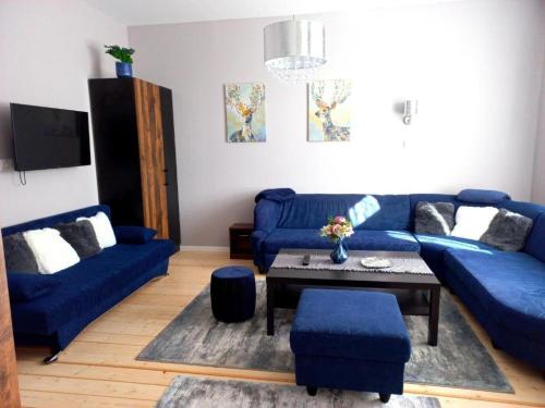 a living room with blue couches and a table at Blanka Villa Wellness Home in Bakonyszentlászló