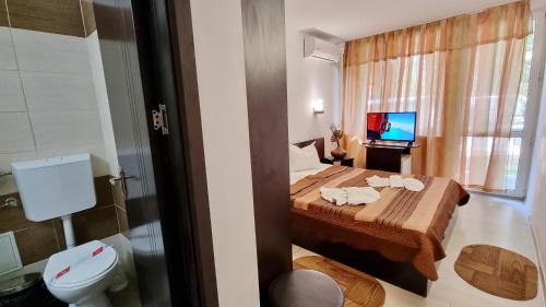 een slaapkamer met een bed, een toilet en een televisie bij Hotel Azur in Eforie Nord