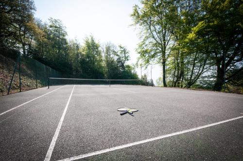 a tennis court with a tennis racket on it at Kingswear Park Club with Swimming Pool & Spa in Kingswear