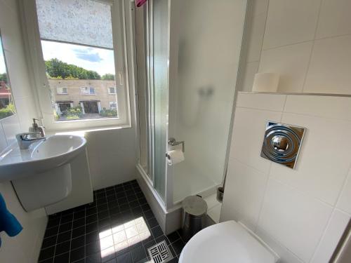 łazienka z toaletą, umywalką i oknem w obiekcie Domek z prywatną plażą w mieście Radzyń