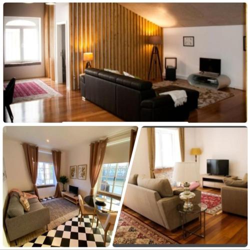 two pictures of a living room and a living room with a couch at Loft Surdo in Funchal
