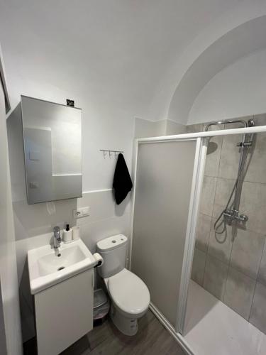 y baño blanco con aseo y ducha. en La Sala by Casa de Rosita AT-BA-00215, en Fuente del Maestre