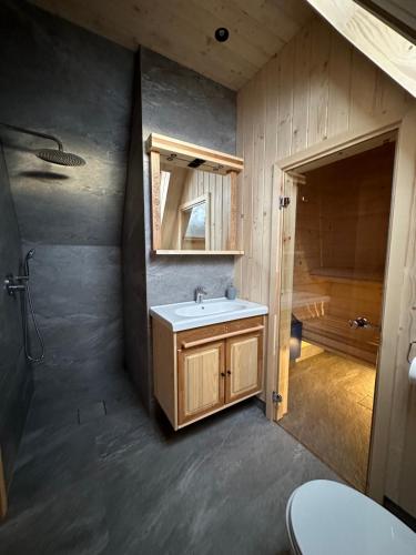 y baño pequeño con lavabo y ducha. en Apartament Krystynka Krywań, en Poronin