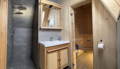 a bathroom with a sink and a shower at Apartament Krystynka Krywań in Poronin