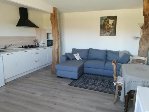 a living room with a blue couch and a kitchen at Clos de la source Gironde in Saint-Martin-du-Bois