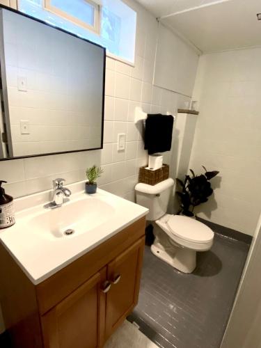 a bathroom with a sink and a toilet and a mirror at New! Cozy 4-bedroom w/ free parking. Dogs welcome! in Berea