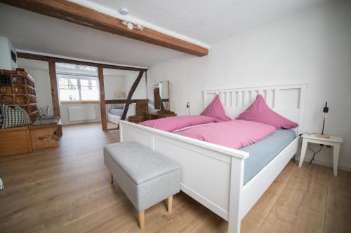 1 dormitorio con 1 cama blanca grande con almohadas rosas en Schulhaus Wettges, en Birstein