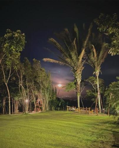 a park at night with palm trees and a moon at Sítio do Bosco Park in Tianguá