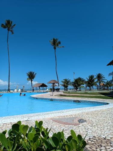 a swimming pool on the beach with palm trees at Village Galés de Maragogi in Maragogi