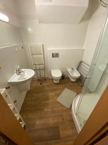Un baño con lavabo, inodoro y ducha. en Studio 101 Fatrapark 1 Ružomberok, en Ružomberok