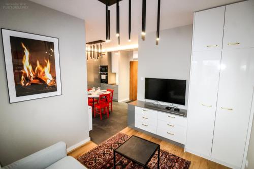 Il comprend un salon avec une cheminée et une télévision. dans l'établissement D Apartments Centrum Ogień, à Białystok