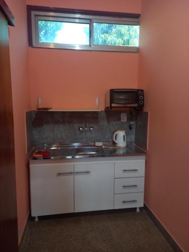 una pequeña cocina con fregadero y microondas en Monoambiente amplio en Posadas