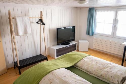 - une chambre avec un lit et une télévision à écran plat dans l'établissement Ferienhaus "Hörli" im Toggenburg, à Sankt Peterzell