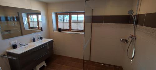 a bathroom with a sink and a shower with a glass door at Chalet zum Feldalphorn Prädasten WILD605 in Schwarzenau