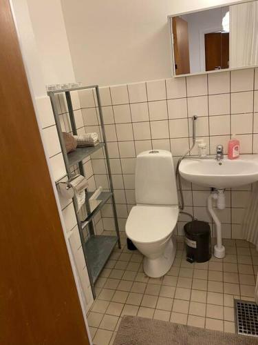 a bathroom with a toilet and a sink at A charming central one room apartment. in Malmö