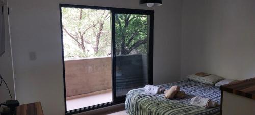 1 dormitorio con cama y ventana grande en Alquiler Temporario Rosario 8 en Rosario