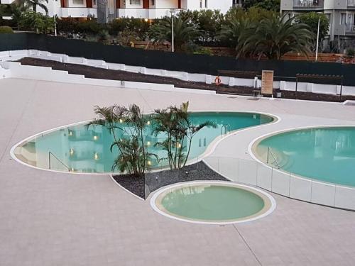 duas piscinas com palmeiras no meio em Los Cristianos, Tenerife em El Guincho