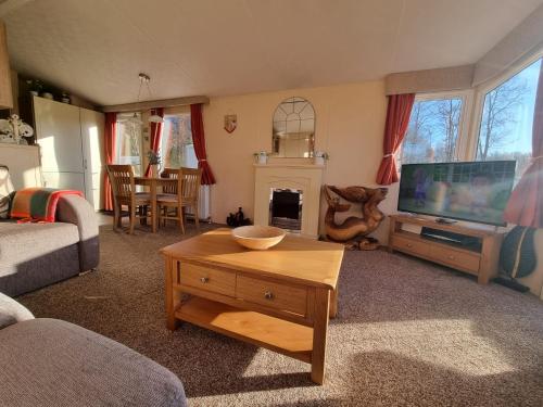 a living room with a couch and a tv and a table at moonflower lodge in Newton on the Moor