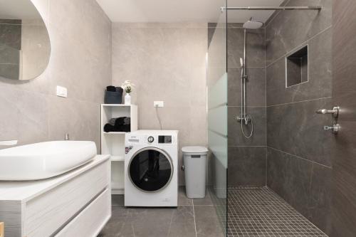 a bathroom with a washing machine and a shower at Apartman Butoniga Nature in Buzet