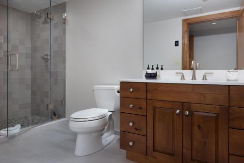 a bathroom with a toilet and a sink and a shower at Gravity Haus Vail in Vail