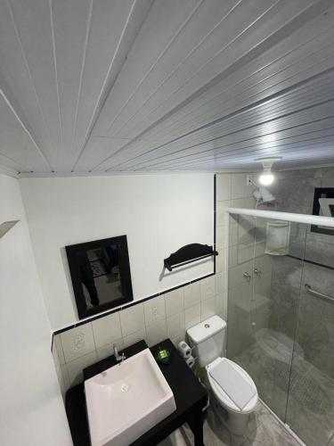 a bathroom with a toilet and a sink at Entre serra pousada de altitudes in Urubici