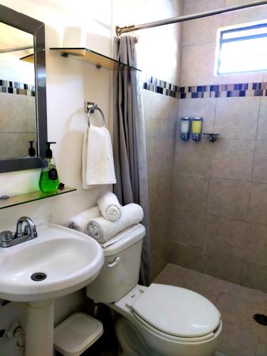 a bathroom with a toilet and a sink and a shower at Apartamento Aquamarina, ideal trabajo/vacaciones in Cancún