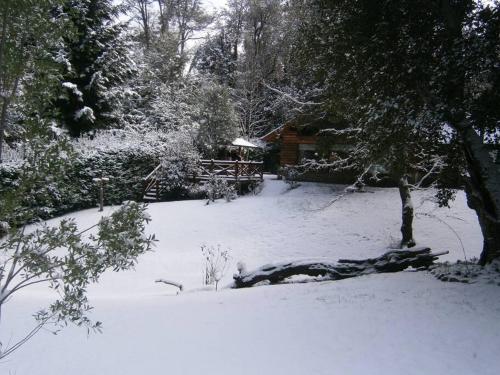 un patio cubierto de nieve con una casa en el fondo en Casa en el bosque de Puerto Manzano en Villa La Angostura