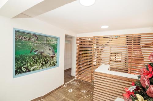 taganga macabi hostel في سانتا مارتا: حمام به لوحة سمك على الحائط