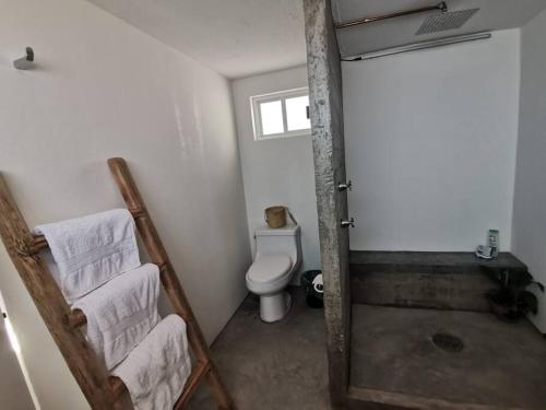 a bathroom with a toilet and a shower with towels at Bugambilias 203 Oaxaca in Oaxaca City