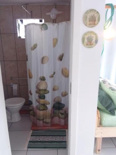 a shower door with a shower curtain with shells at Jardim Urbano Cambará do Sul in Cambara do Sul