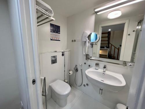 bagno con lavandino, servizi igienici e specchio di DayBreak B&B a Napoli
