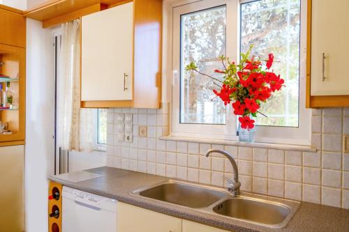 uma cozinha com um lavatório e um vaso de flores vermelhas em Villa Afroditi in Chania near Airport with Private Pool, Free Wi-Fi, Souda Bay Views, Garden Oasis em Kounoupidhianá