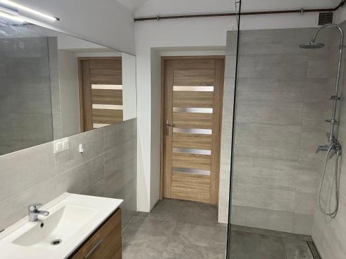 een badkamer met een douche, een wastafel en een douche bij Apartament 3 pokojowy z parkingiem in Ząbkowice Śląskie