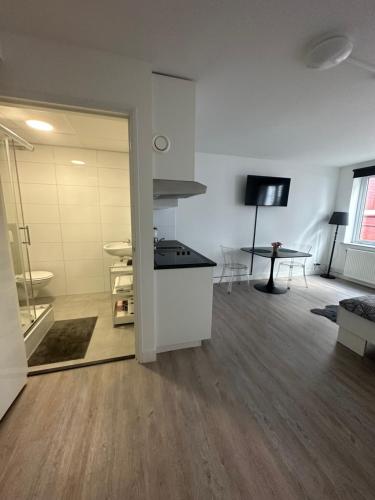 a room with a kitchen and a living room at Annalisa Guest House Centrum in Enschede