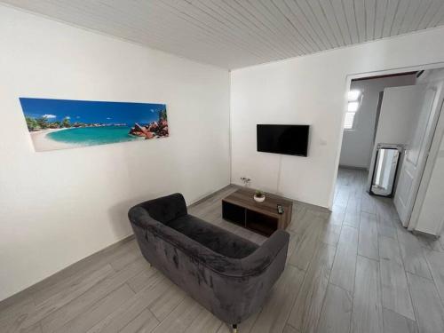 ein Wohnzimmer mit einem Sofa und einem Flachbild-TV in der Unterkunft Le Cataleya - Gîte "Terre et Truffes" in Le Lamentin