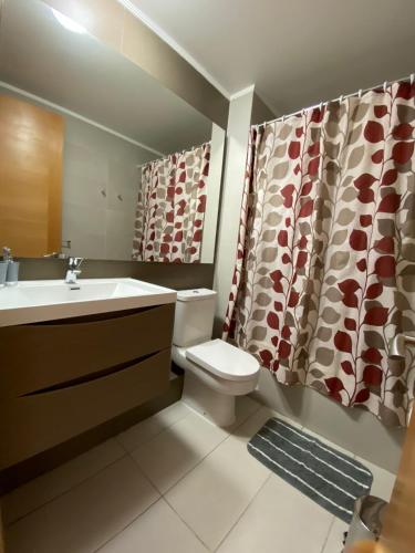 a bathroom with a toilet and a sink and a shower curtain at Solvallerios Viña Centro in Viña del Mar