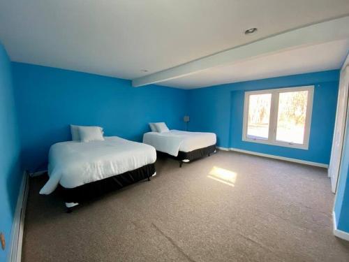 a blue room with two beds and a window at Peddlers Carriage house in New Hope