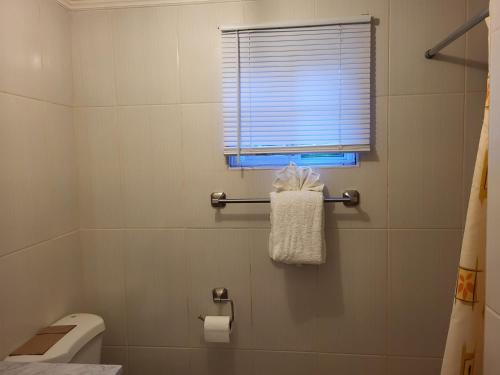 a bathroom with a toilet and a window and a towel at Soleil Hartland 122 in Priory