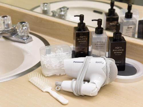 a hair dryer sitting on a counter next to a sink at Shin Kabakawa Kanko Hotel in Takamatsu